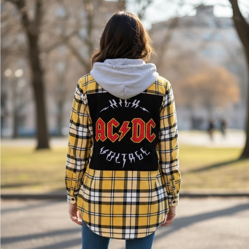 FREE UPCYCLED AC DC Hooded Flannel Shirt, Size Large